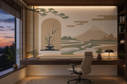 Japanese Inspired Wallpaper Minimal Landscape Mountain Removable Wall Decor