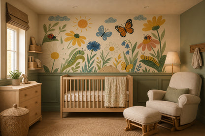 Floral Meadow Wallpaper Butterflies Removable Bright Garden Wall Decor