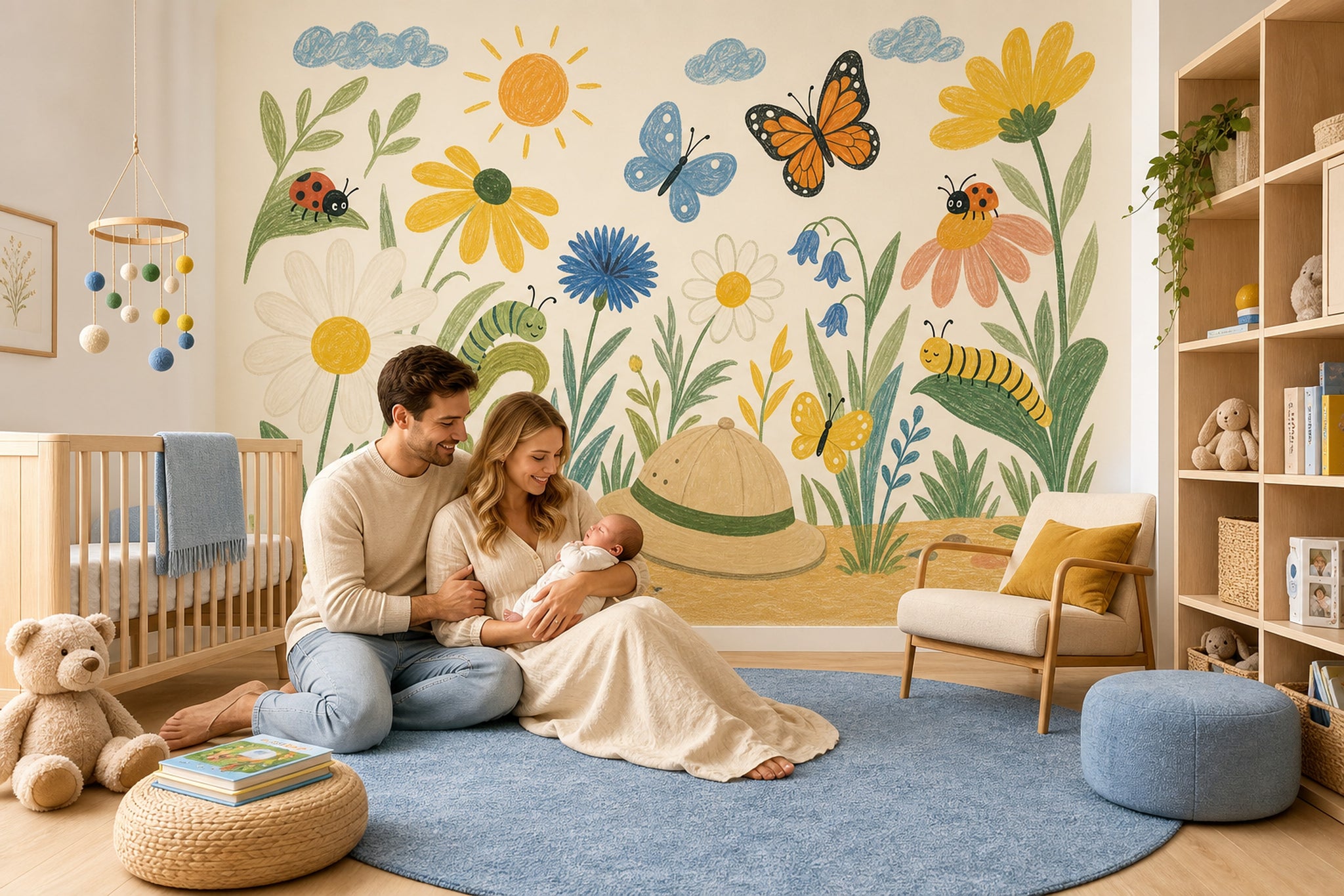 Floral Meadow Wallpaper Butterflies Removable Bright Garden Wall Decor