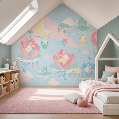 Nursery Wallpaper Pastel Sky Sleeping Bunnies Removable Wall Decor