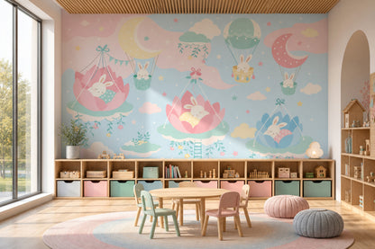 Nursery Wallpaper Pastel Sky Sleeping Bunnies Removable Wall Decor