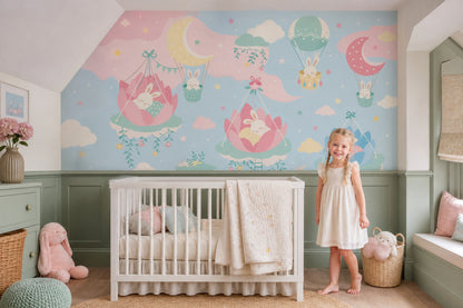 Nursery Wallpaper Pastel Sky Sleeping Bunnies Removable Wall Decor