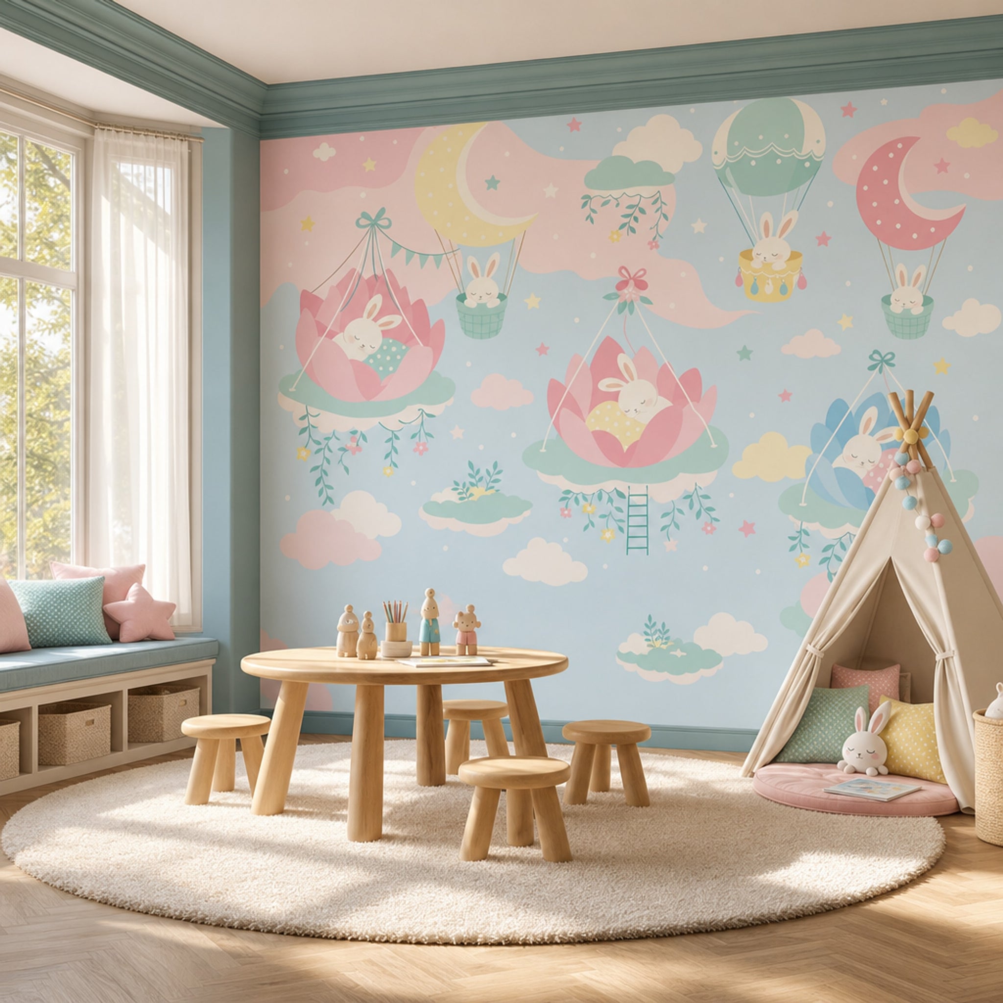 Nursery Wallpaper Pastel Sky Sleeping Bunnies Removable Wall Decor