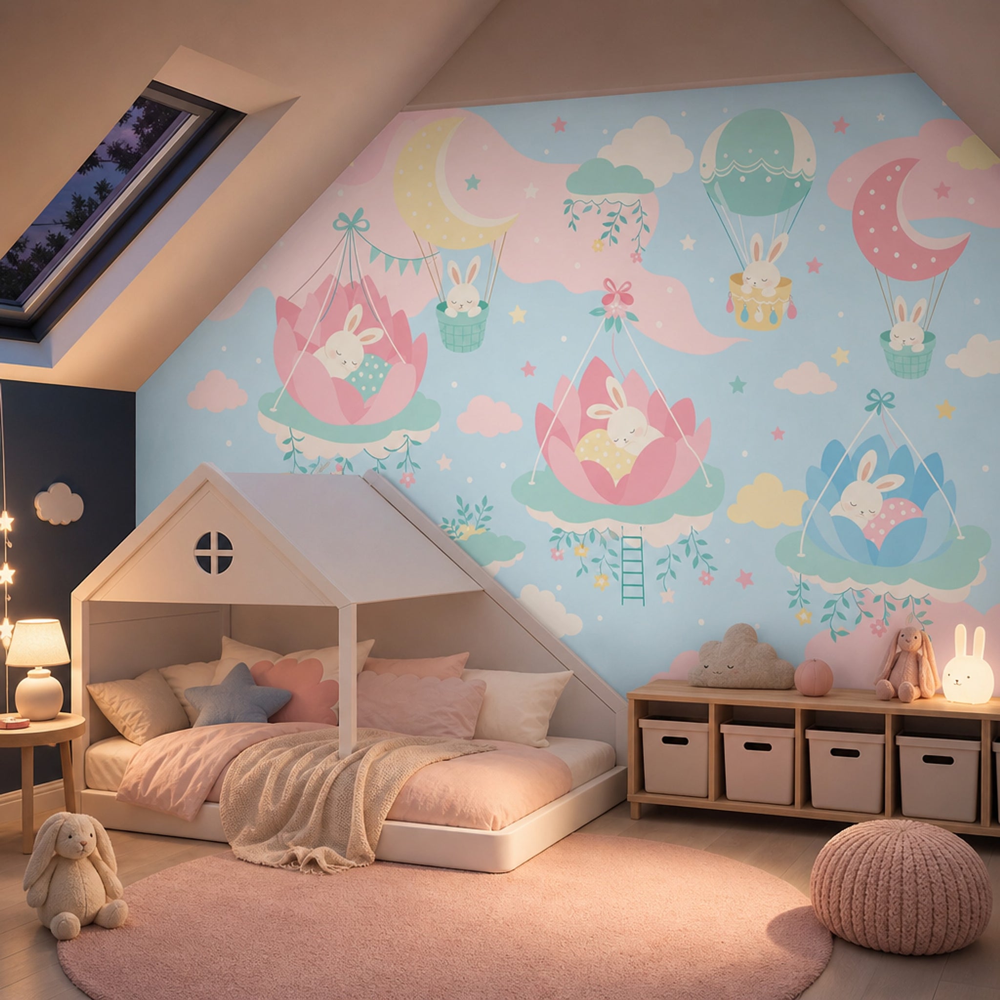 Nursery Wallpaper Pastel Sky Sleeping Bunnies Removable Wall Decor