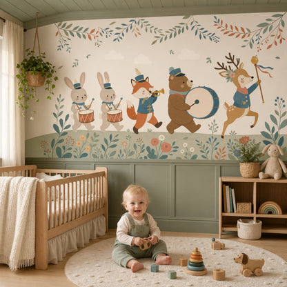 Nursery Wallpaper Woodland Animals Marching Band Removable Wall Decor