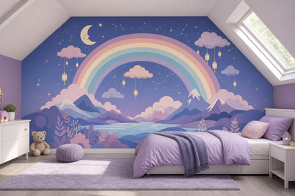 Dark Night Sky Wallpaper Pastel Rainbow Removable Mountain Landscape Wall Decor