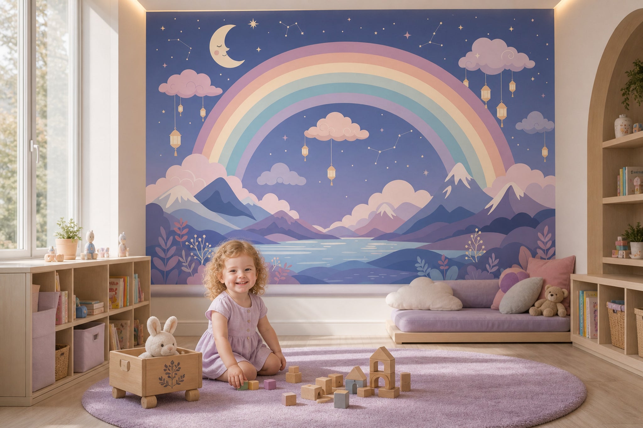 Dark Night Sky Wallpaper Pastel Rainbow Removable Mountain Landscape Wall Decor