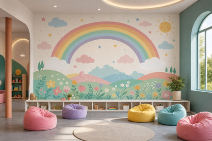 White Background Wallpaper Pastel Rainbow Smiling Sun Removable Wall Decor