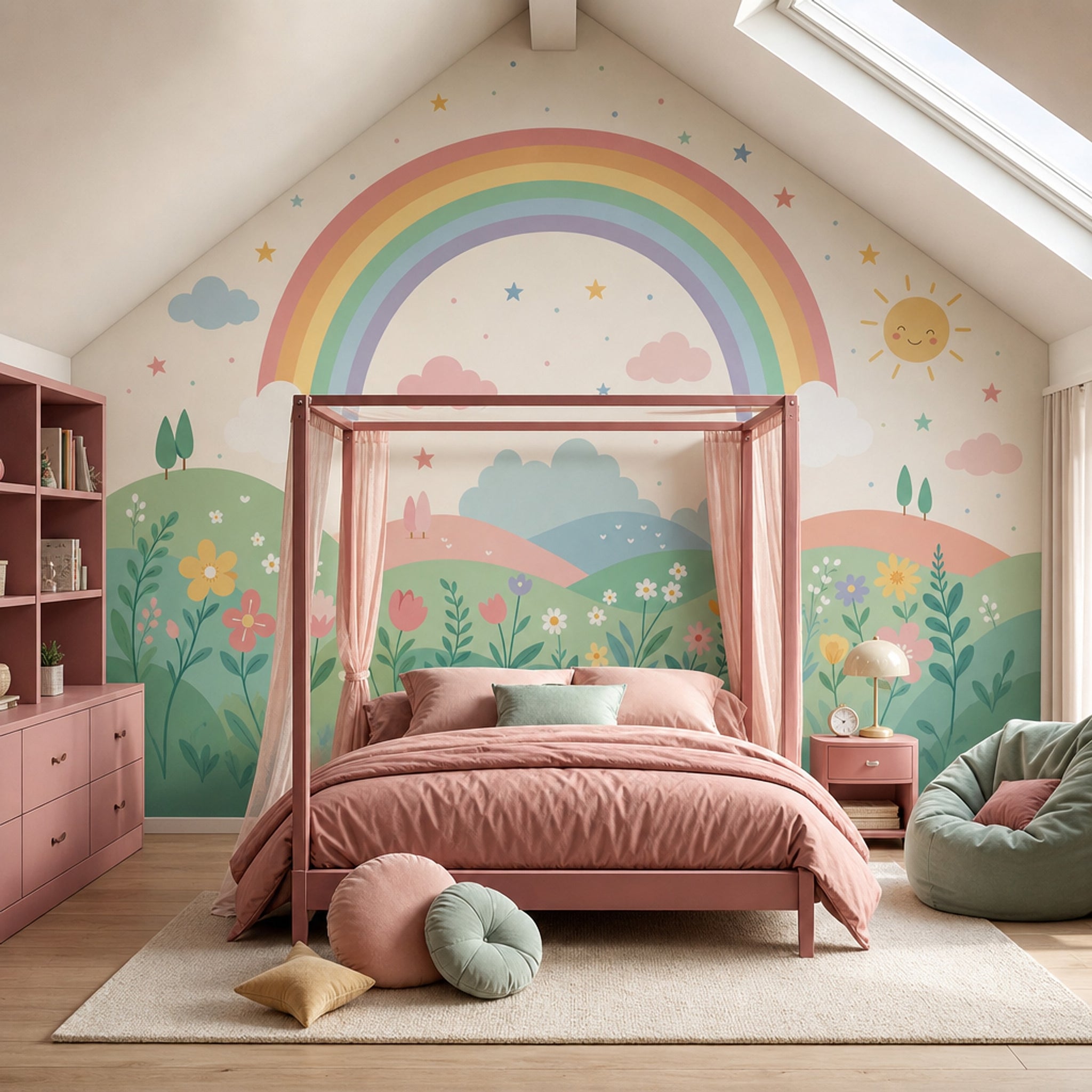 White Background Wallpaper Pastel Rainbow Smiling Sun Removable Wall Decor