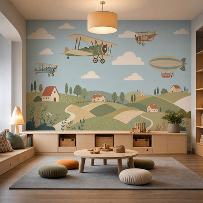 Muted Green Wallpaper Vintage Airplane Wall Mural