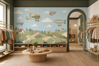 Muted Green Wallpaper Vintage Airplane Wall Mural