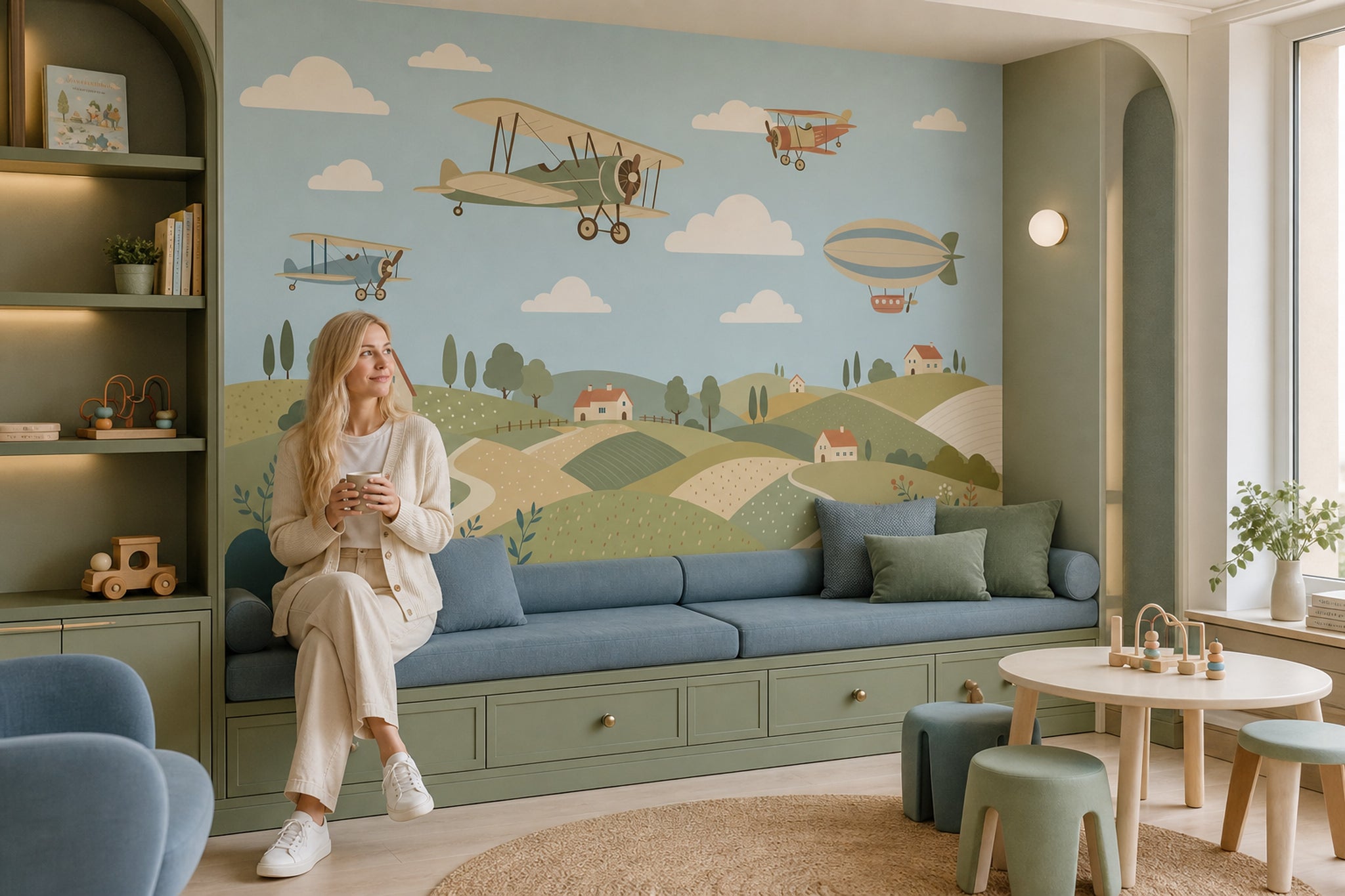 Muted Green Wallpaper Vintage Airplane Wall Mural