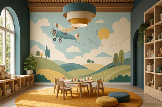 Airplane Wallpaper Vintage Aviation Removable Whimsical Landscape Wall Decor