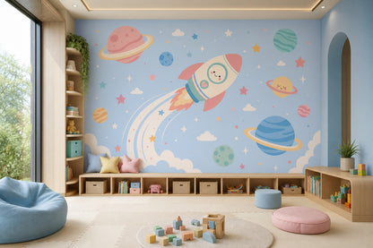 Space Wallpaper Rocket Planets Removable Wall Decor