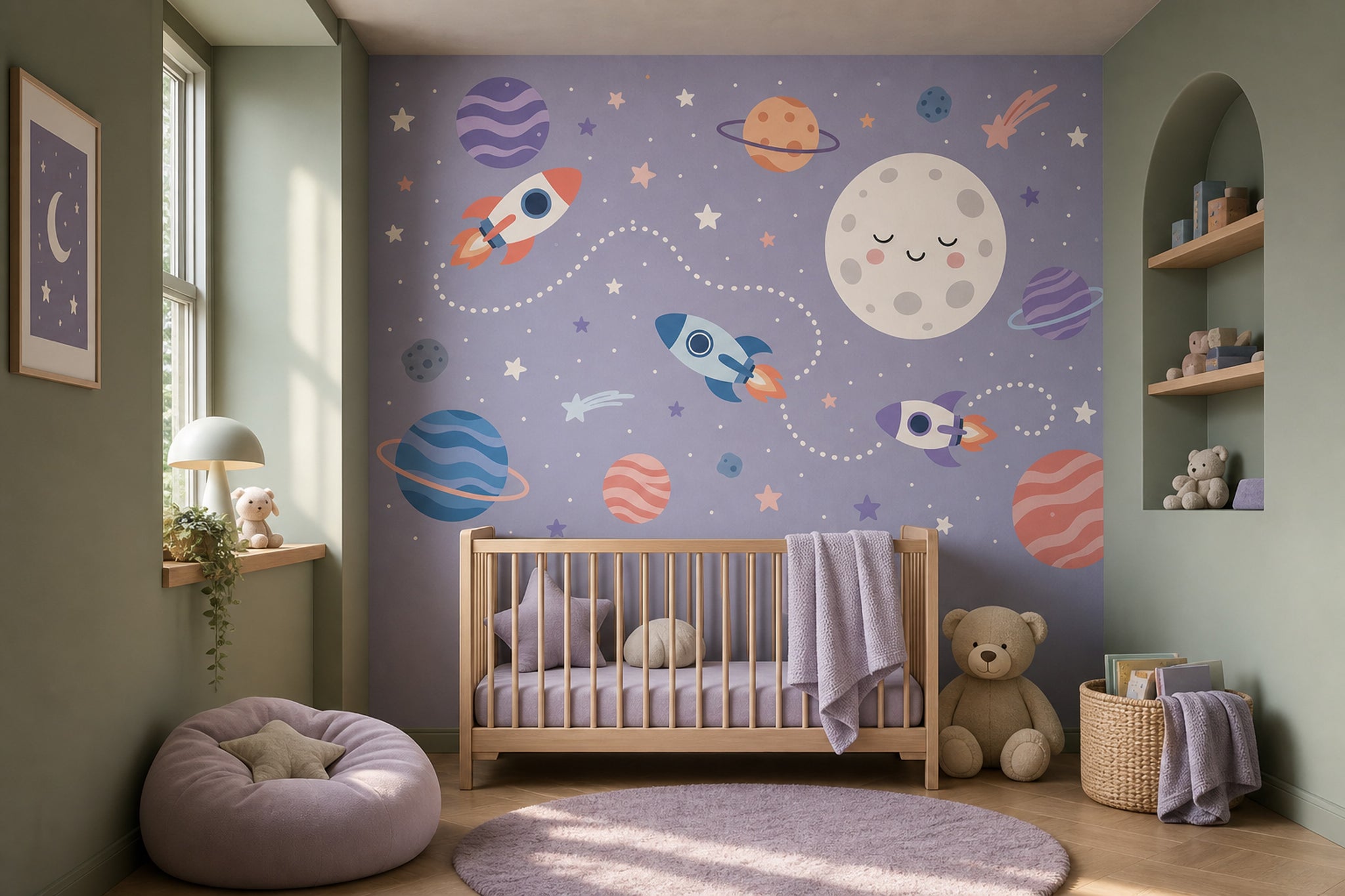 Moon Face Wallpaper Rockets Pastel Wall Mural