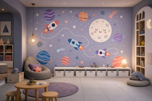 Moon Face Wallpaper Rockets Pastel Wall Mural