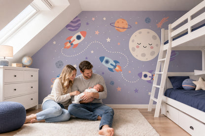 Moon Face Wallpaper Rockets Pastel Wall Mural