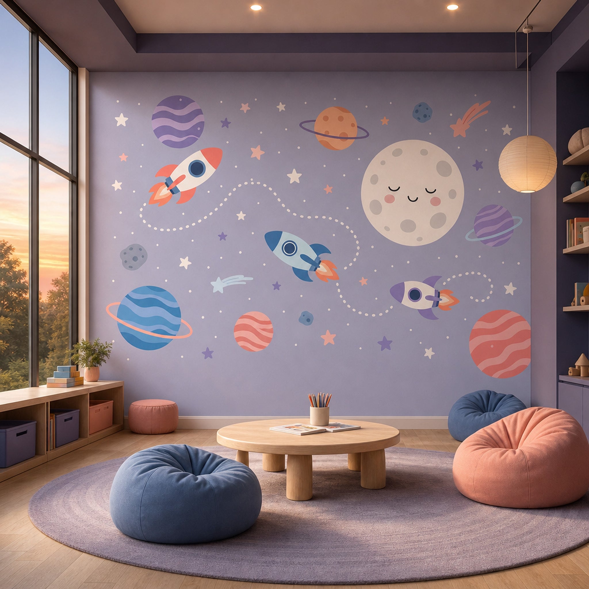 Moon Face Wallpaper Rockets Pastel Wall Mural