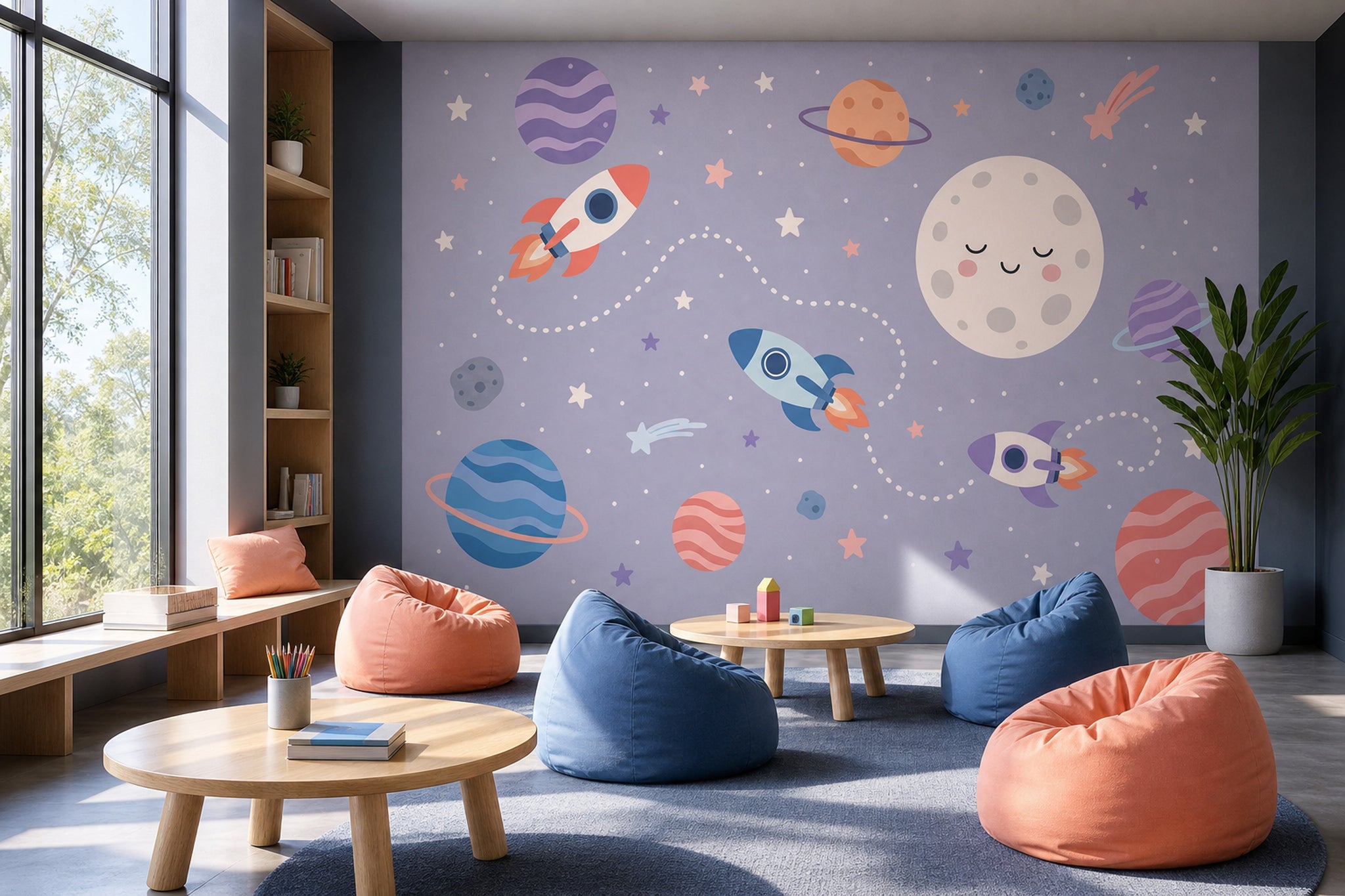 Moon Face Wallpaper Rockets Pastel Wall Mural
