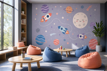 Moon Face Wallpaper Rockets Pastel Wall Mural