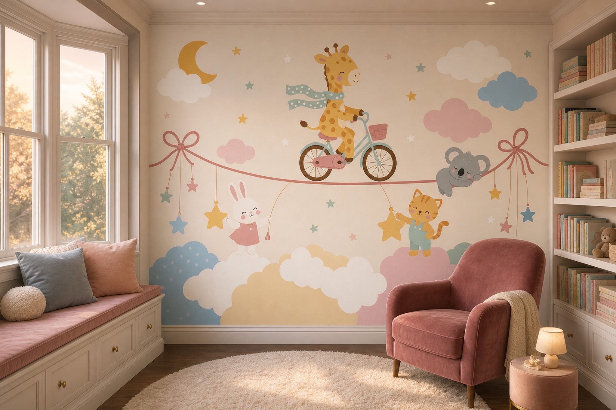 Nursery Wallpaper Cute Animals Pastel Clouds Removable Wall Decor