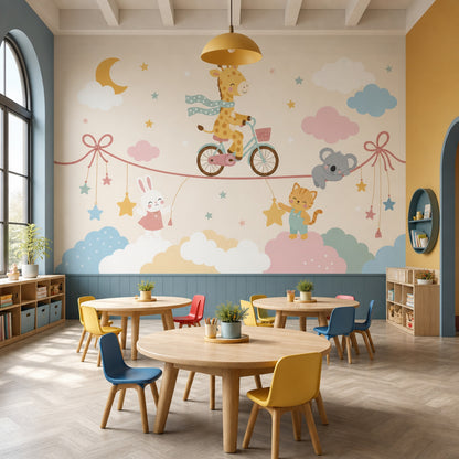 Nursery Wallpaper Cute Animals Pastel Clouds Removable Wall Decor