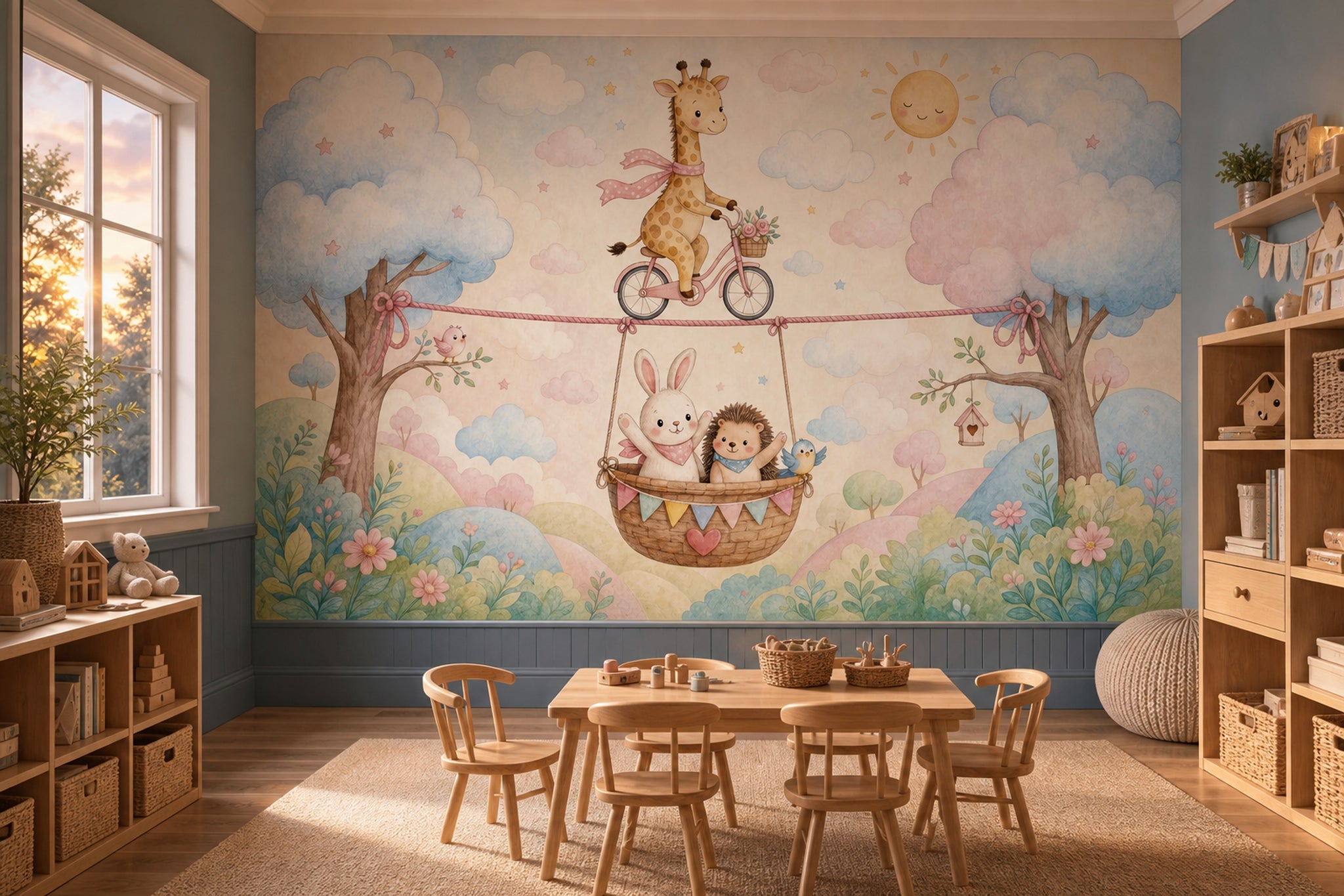 Giraffe On Bicycle Wallpaper Pastel Removable Nursery Wall Decor