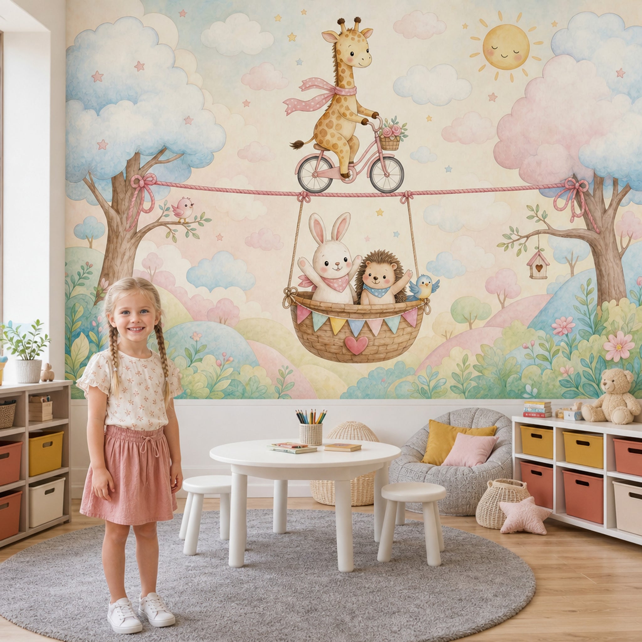 Giraffe On Bicycle Wallpaper Pastel Removable Nursery Wall Decor