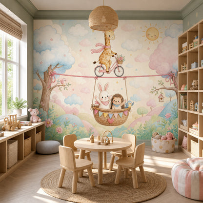 Giraffe On Bicycle Wallpaper Pastel Removable Nursery Wall Decor