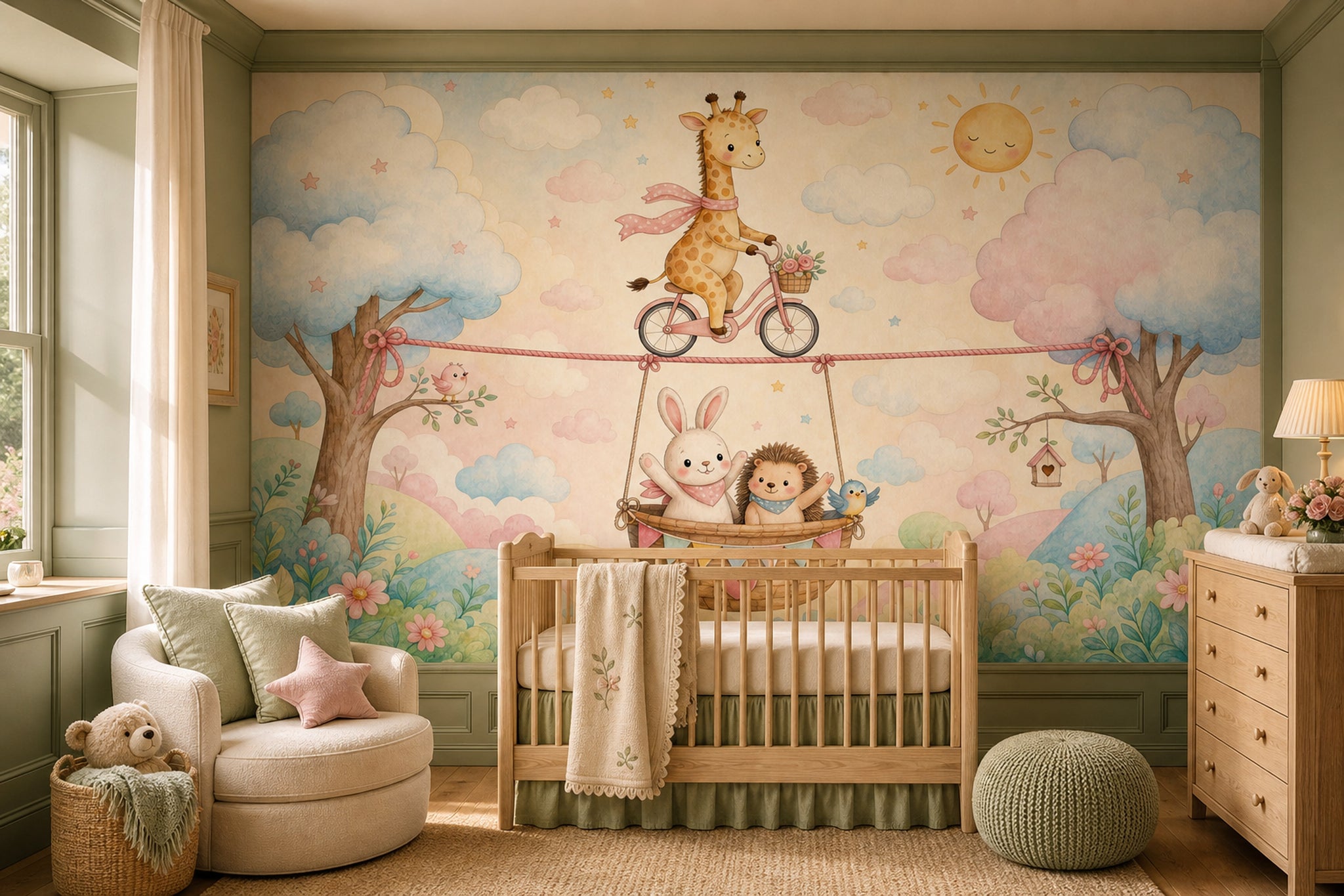 Giraffe On Bicycle Wallpaper Pastel Removable Nursery Wall Decor