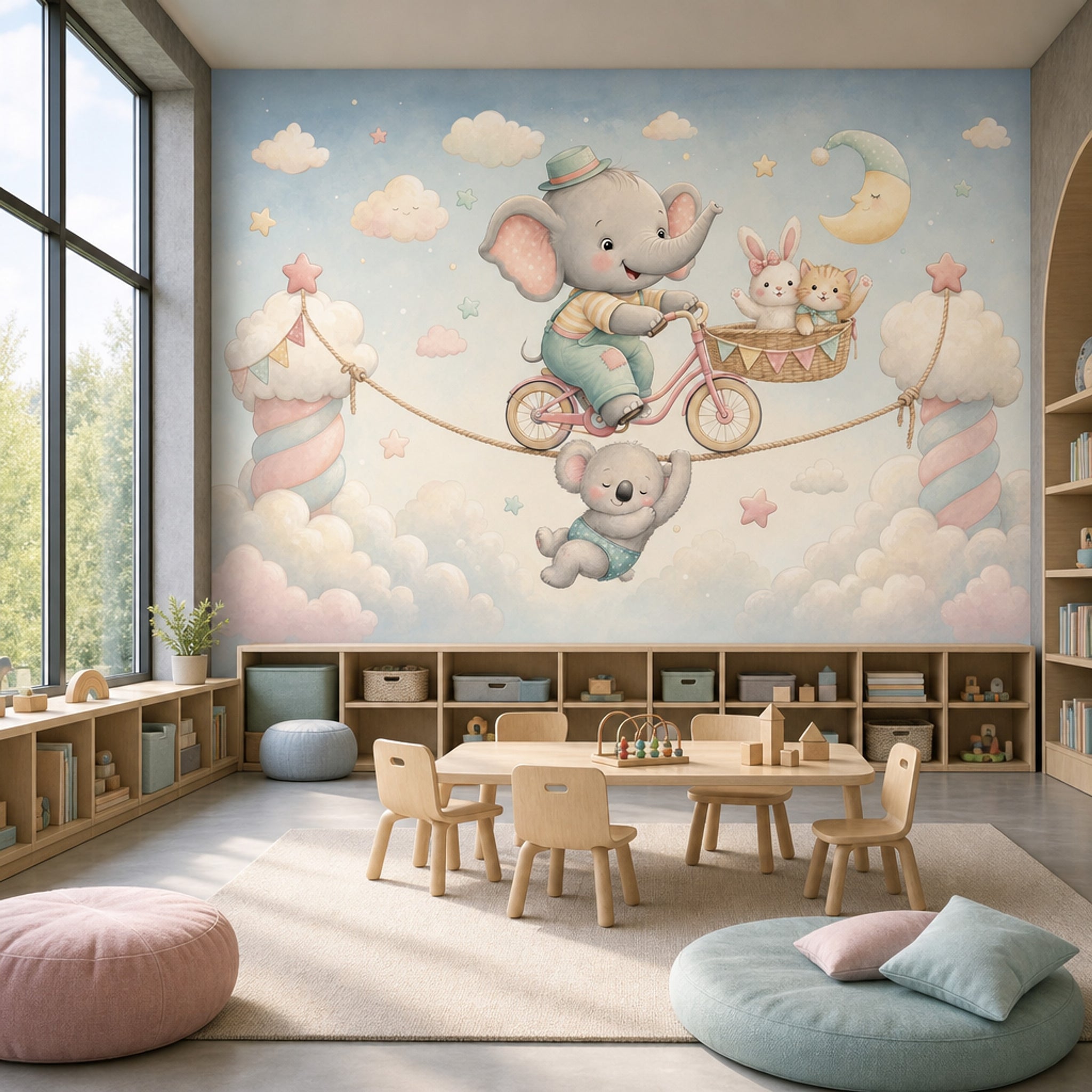 Elephant On Bicycle Wallpaper Pastel Sky Nursery Removable Wall Decor