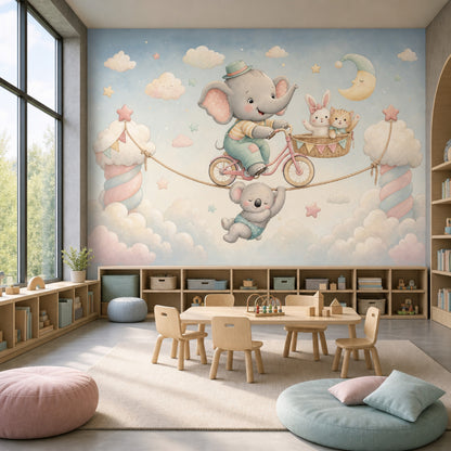 Elephant On Bicycle Wallpaper Pastel Sky Nursery Removable Wall Decor
