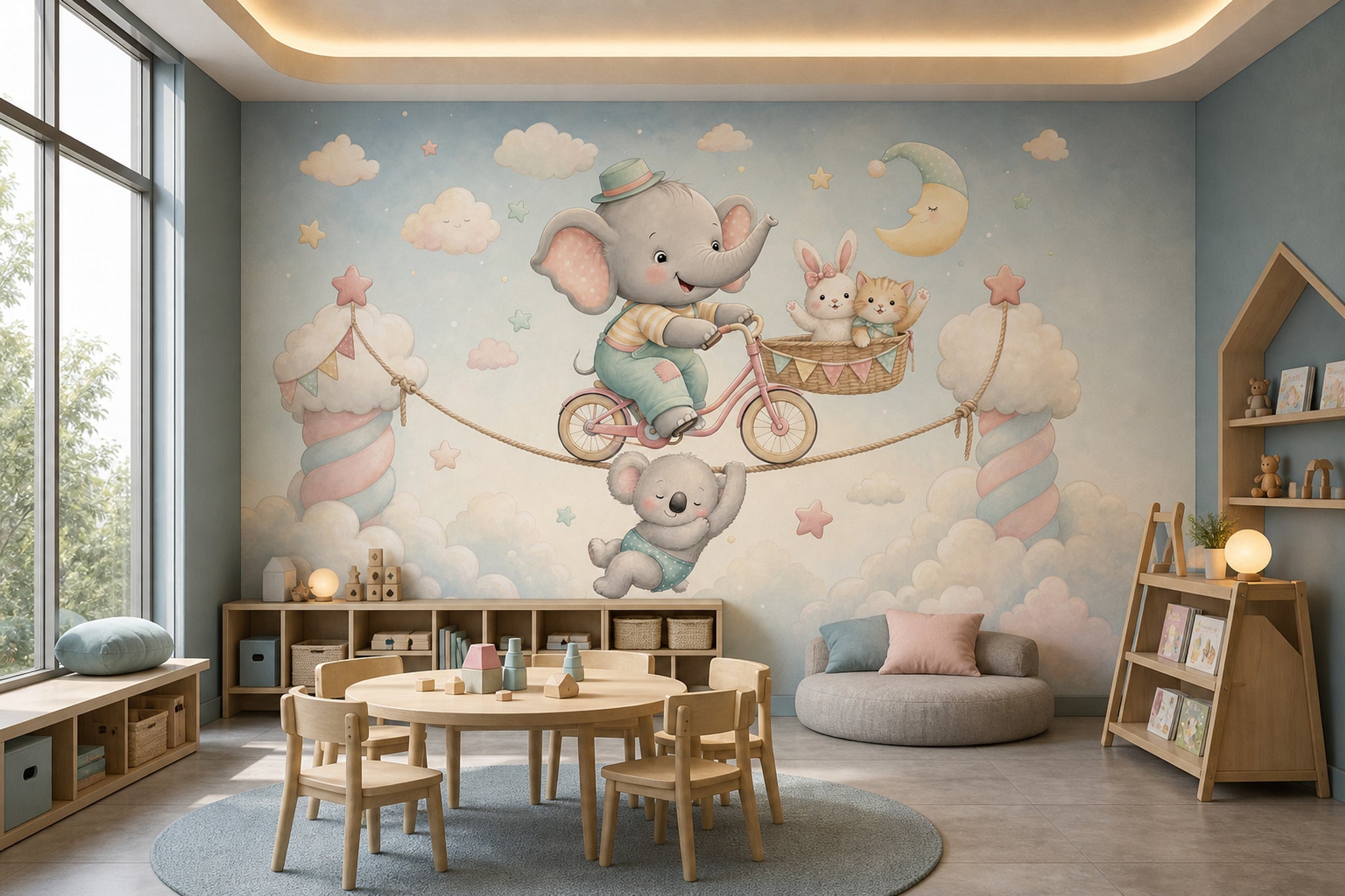 Elephant On Bicycle Wallpaper Pastel Sky Nursery Removable Wall Decor