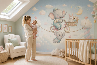 Elephant On Bicycle Wallpaper Pastel Sky Nursery Removable Wall Decor