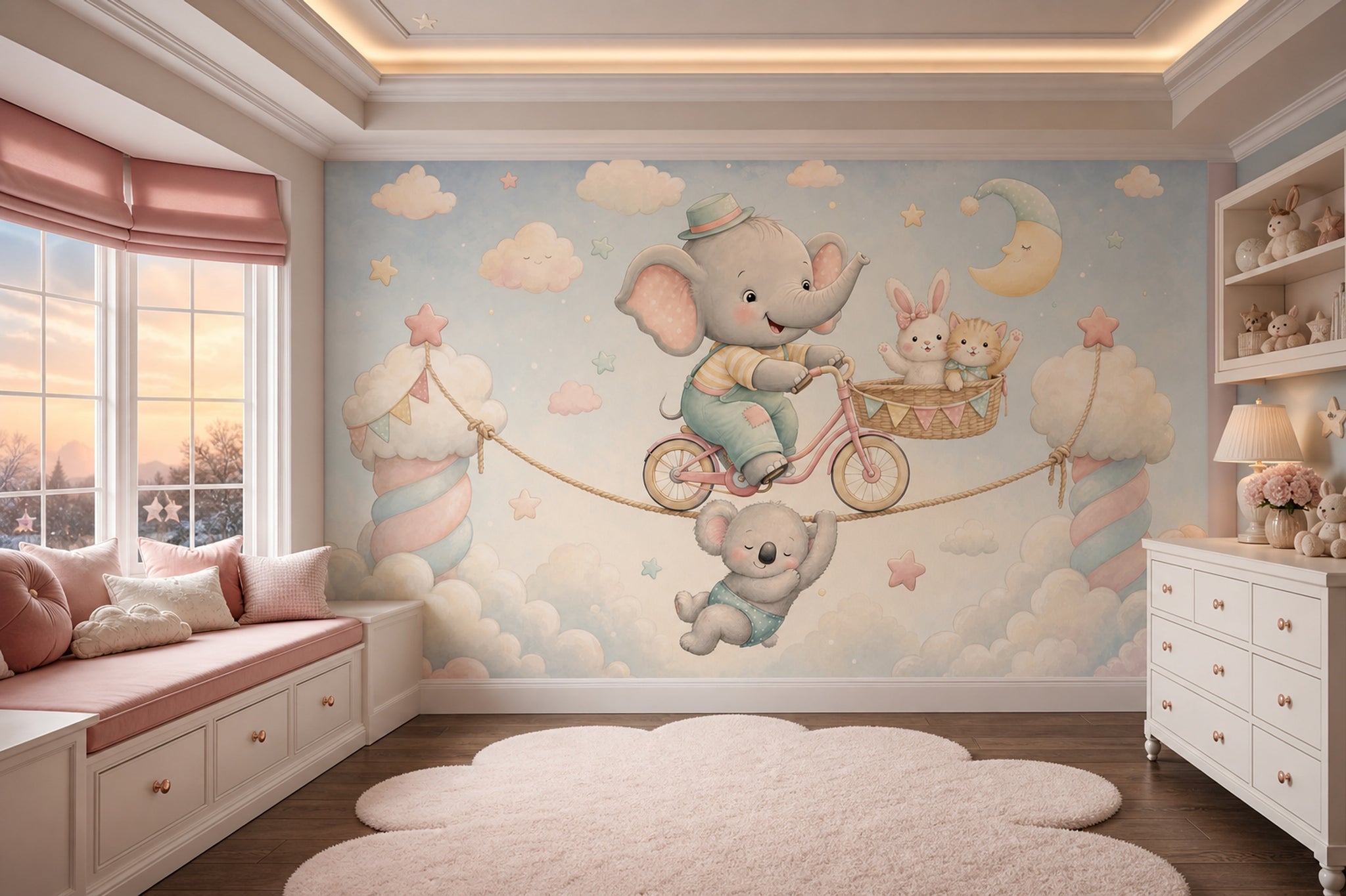 Elephant On Bicycle Wallpaper Pastel Sky Nursery Removable Wall Decor