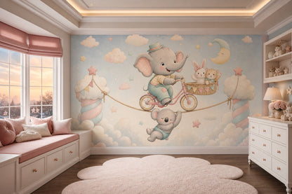 Elephant On Bicycle Wallpaper Pastel Sky Nursery Removable Wall Decor