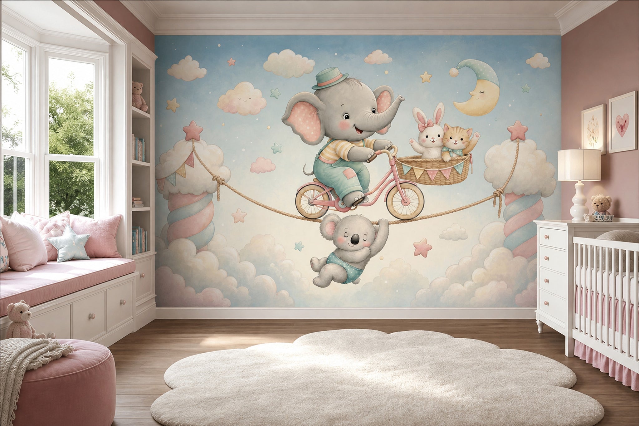 Elephant On Bicycle Wallpaper Pastel Sky Nursery Removable Wall Decor