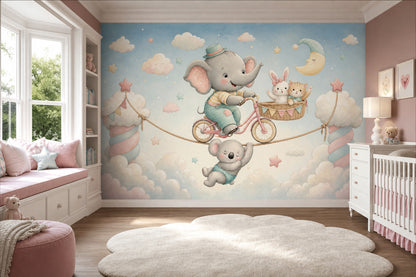 Elephant On Bicycle Wallpaper Pastel Sky Nursery Removable Wall Decor