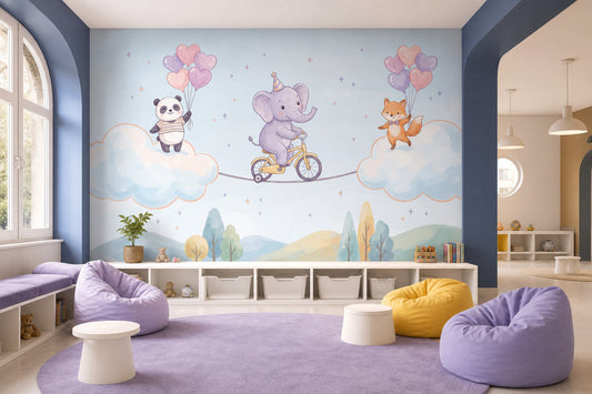 Elephant On Bicycle Wallpaper Cute Animals Pastel Sky Wall Mural