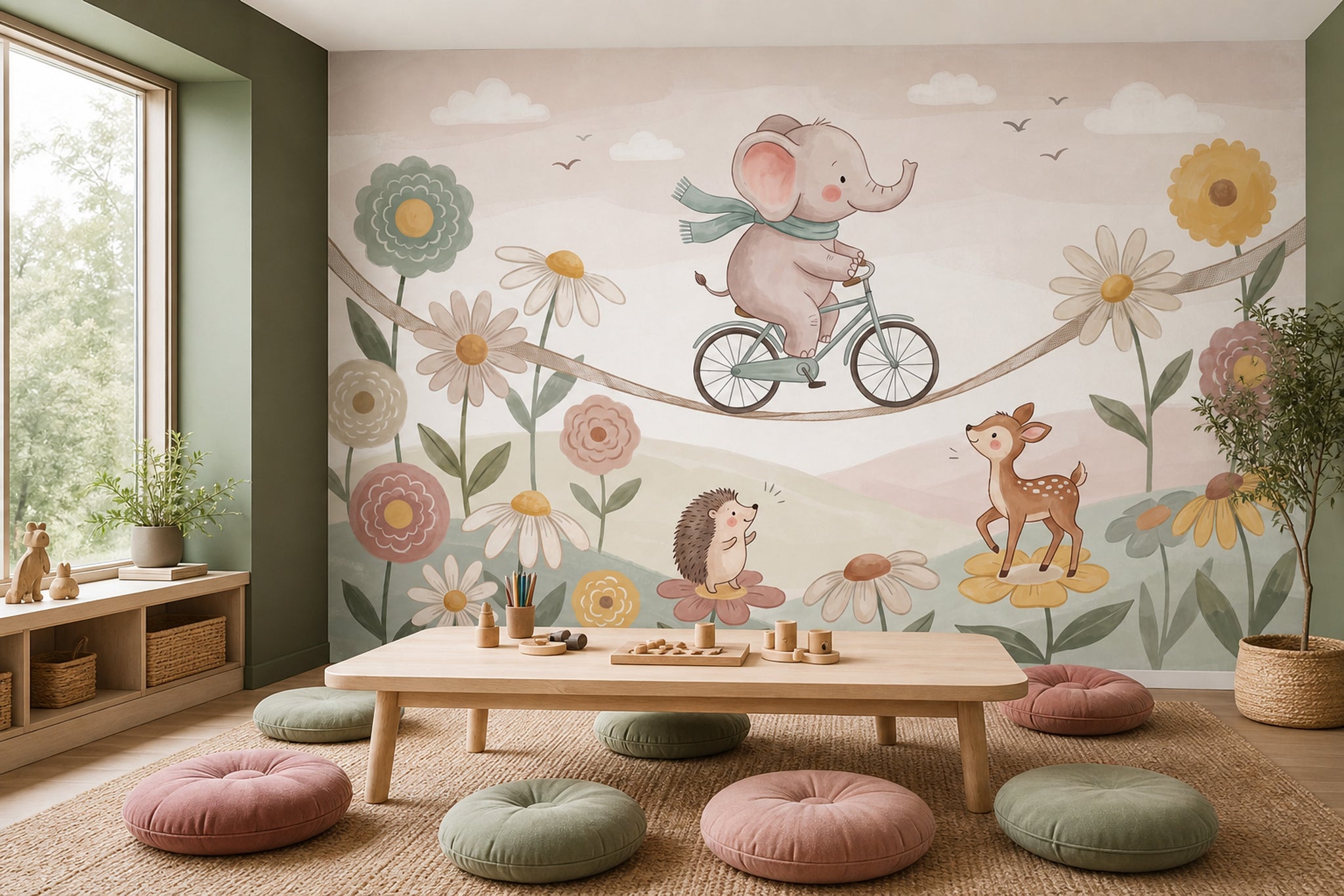 Elephant On Bicycle Wallpaper Pastel Removable Nursery Wall Decor