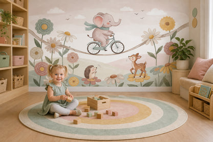 Elephant On Bicycle Wallpaper Pastel Removable Nursery Wall Decor