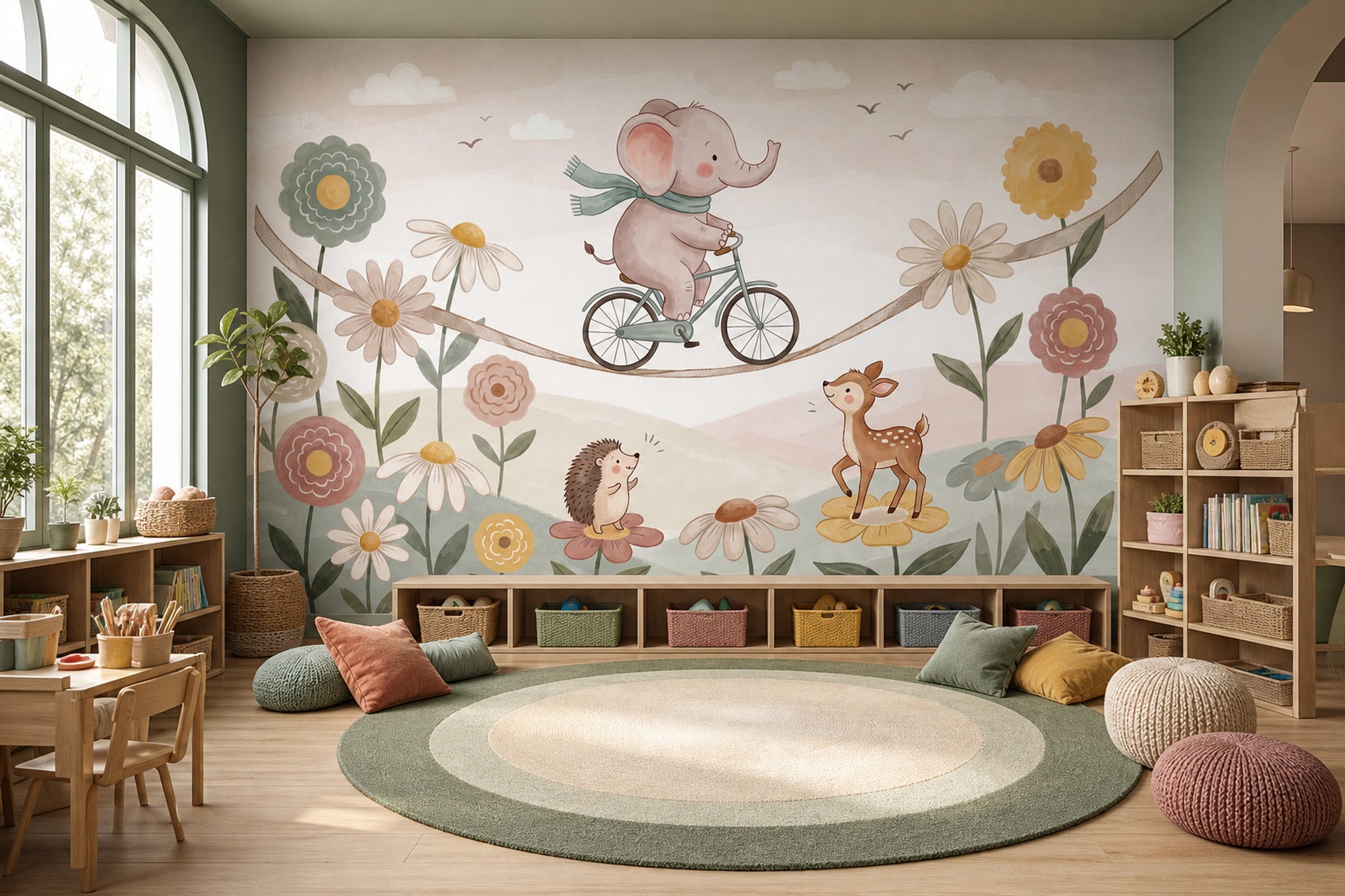 Elephant On Bicycle Wallpaper Pastel Removable Nursery Wall Decor
