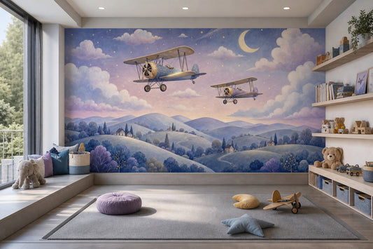 Vintage Biplanes Wallpaper Night Sky Crescent Moon Removable Wall Decor