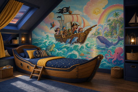 Pirate Ship Wallpaper Kids Adventure Removable Ocean Waves Wall Decor