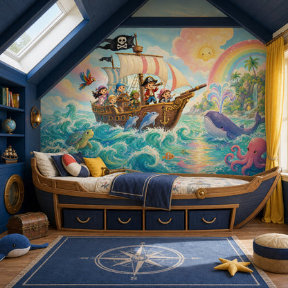Pirate Ship Wallpaper Kids Adventure Removable Ocean Waves Wall Decor