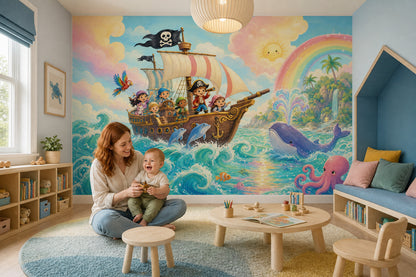 Pirate Ship Wallpaper Kids Adventure Removable Ocean Waves Wall Decor