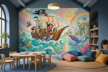 Pirate Ship Wallpaper Kids Adventure Removable Ocean Waves Wall Decor