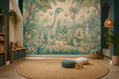 Misty Forest Wallpaper Watercolor Dinosaur Wall Mural