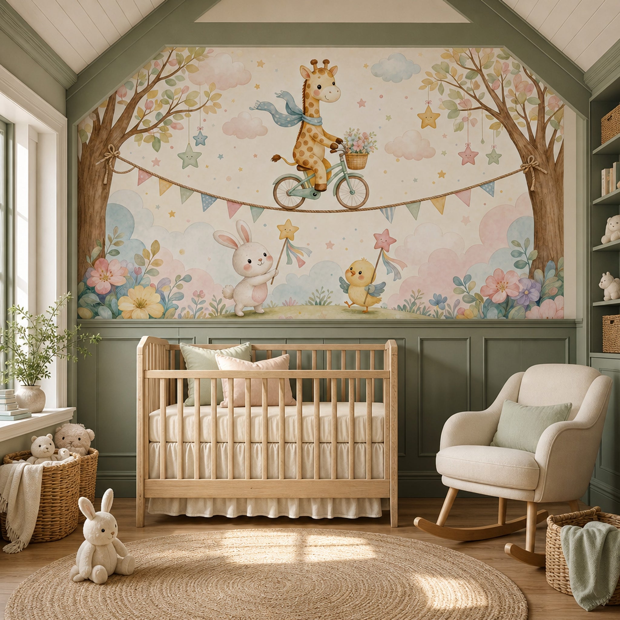 Giraffe On Bicycle Wallpaper Nursery Removable Watercolor Wall Decor