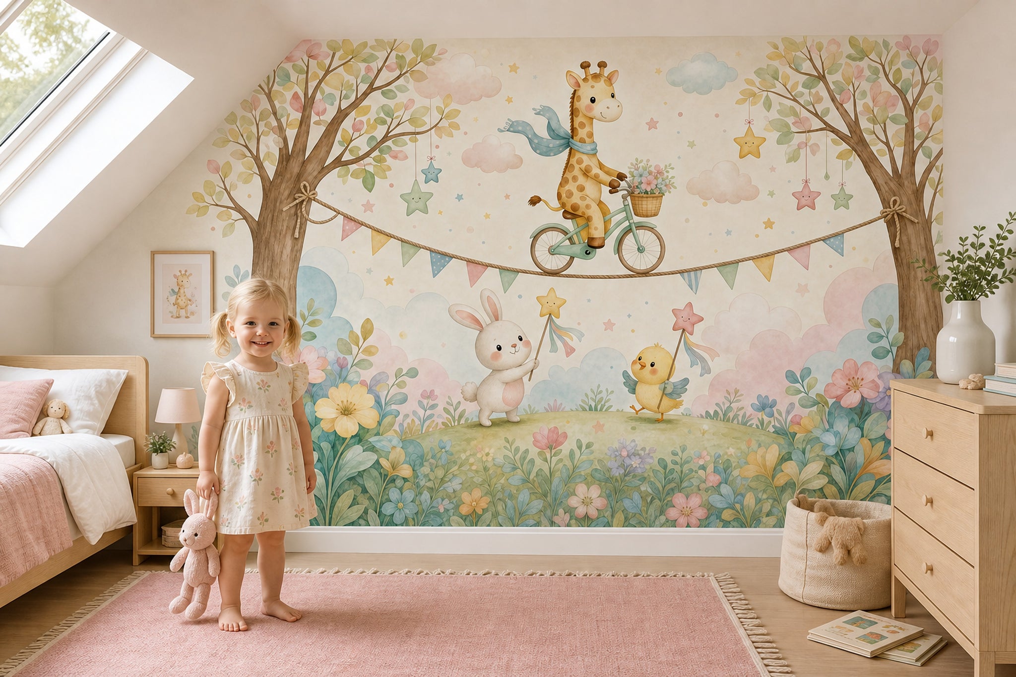 Giraffe On Bicycle Wallpaper Nursery Removable Watercolor Wall Decor